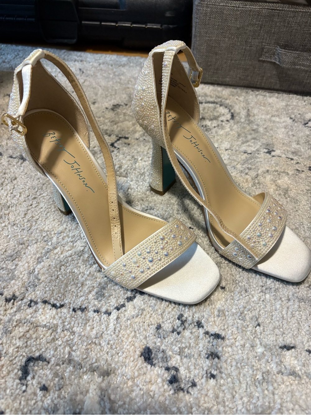 Betsy Johnson Ivory Embellished Block Heel Sandals